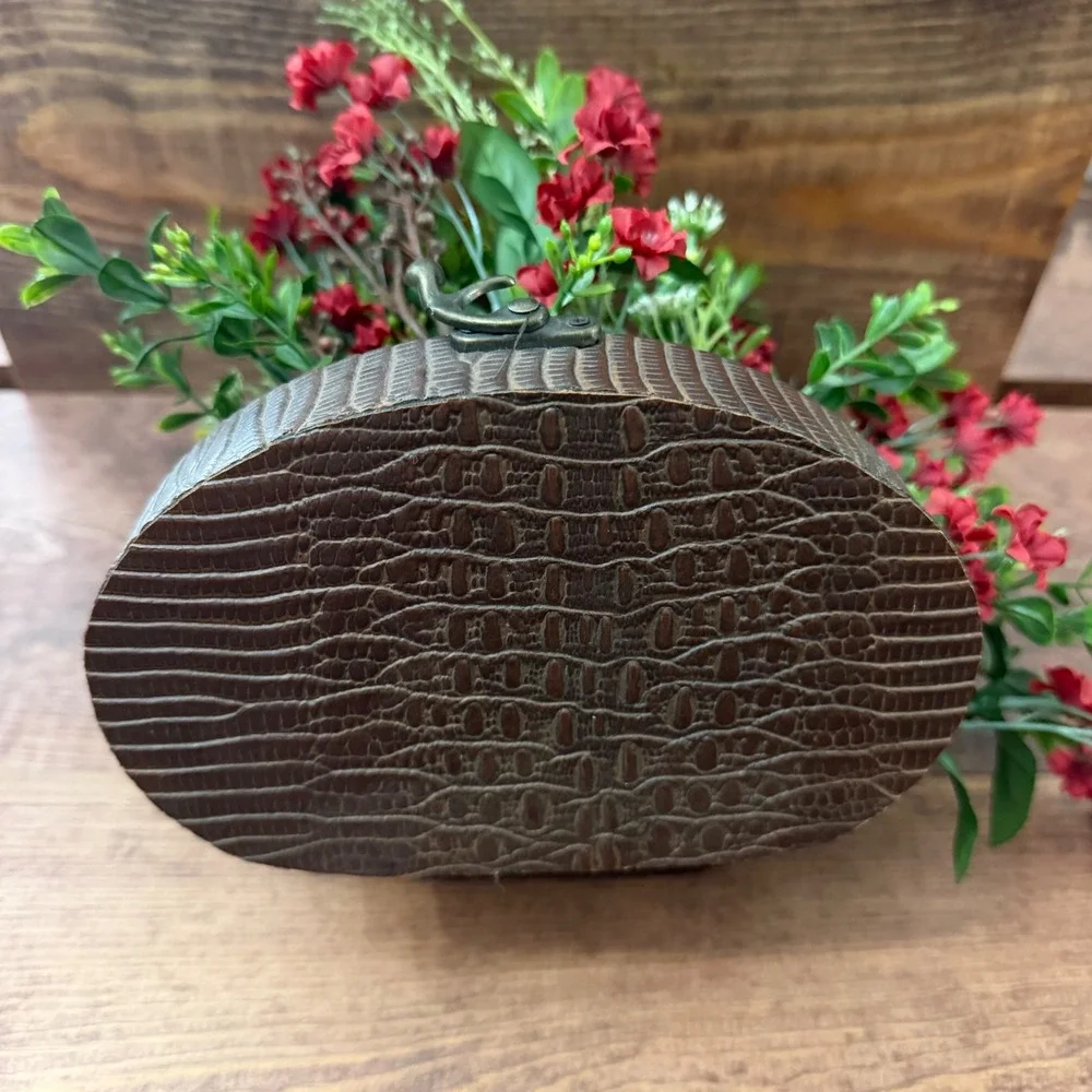 Floral Arrangement in Faux Crocodile Oval Box Red Floral Pinecones Decor Vintage